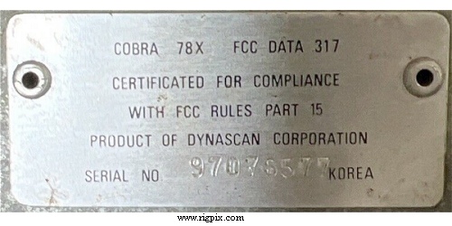 A rear picture of Cobra 78X rear label (By Dynascan)