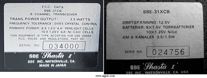 A picture of SBE Shasta I (SBE-31CB and SBE-31XCB) labels